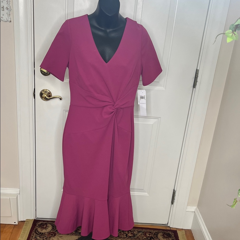 London Times Fuchsia Knot-Front Midi Dress